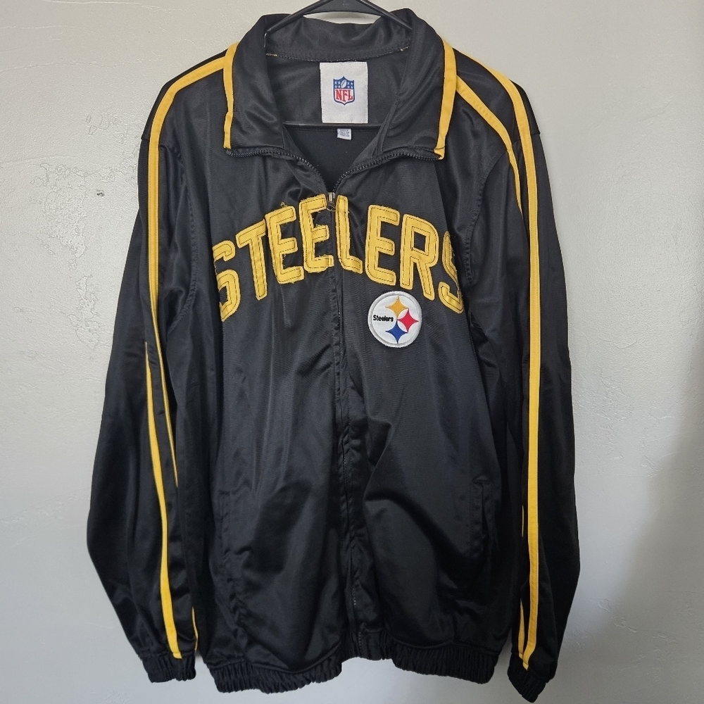 NFL Steelers Men's Large Black Gold Satin Track Jacket Full Zip Football Y2K